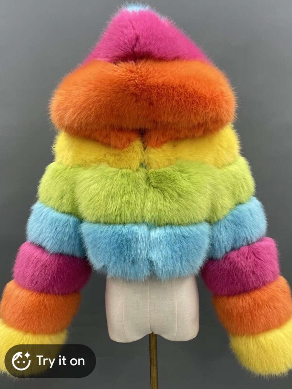 Multicolor Fox Fur Puff Hooded Jacket - Vibrant Rainbow